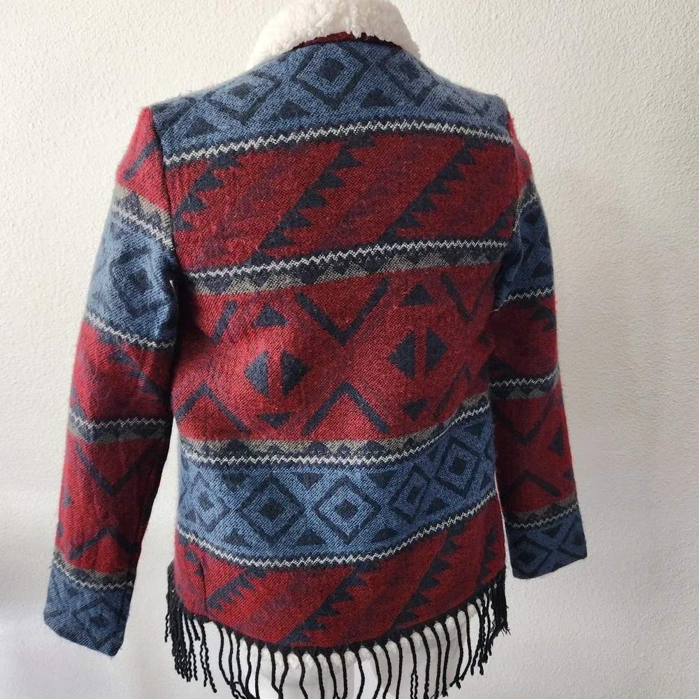 Hollister Aztec‎ Sherpa Fleece Open Front Cardigan Jacket blue/red Size Small
